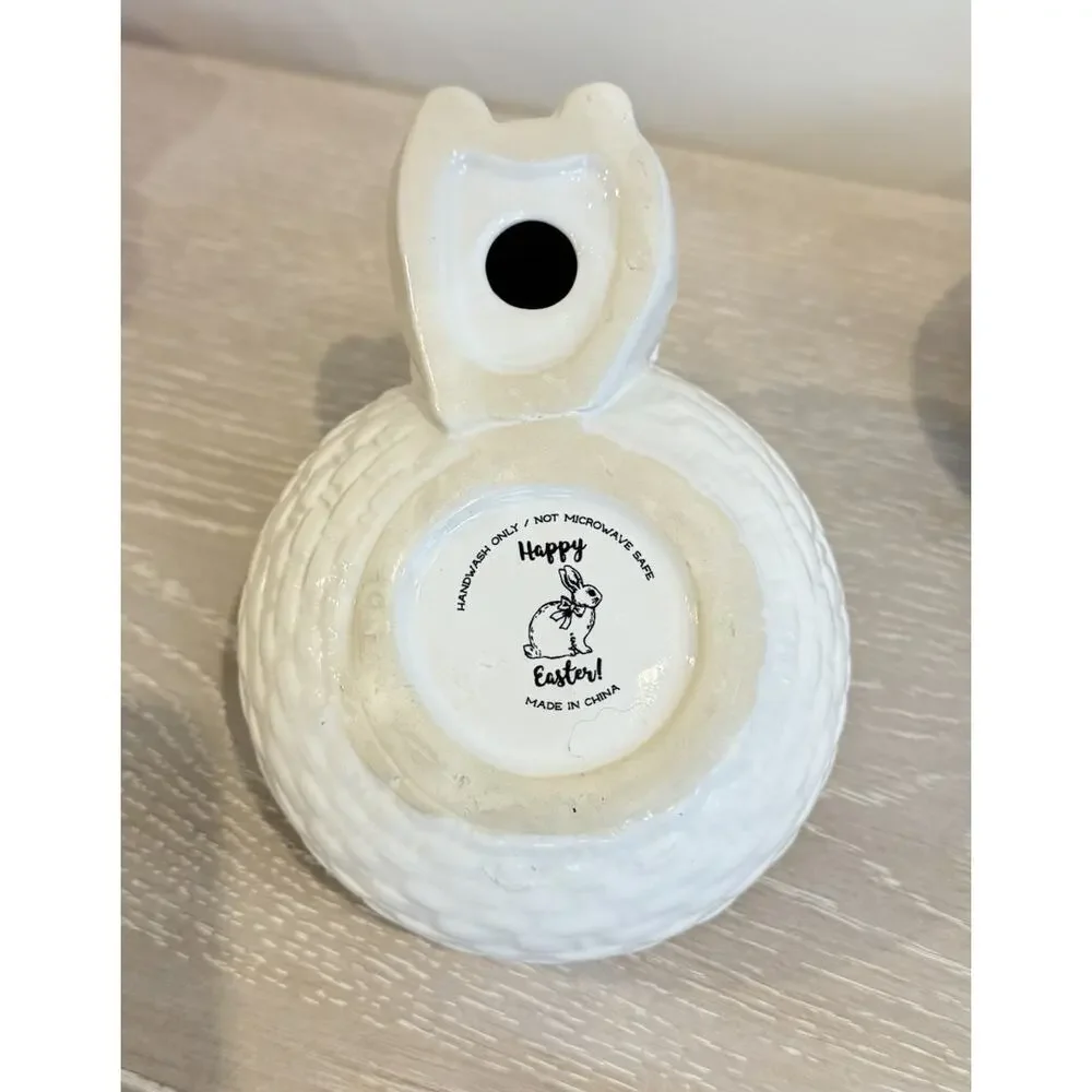 White Ceramic Bunny Bowl‎ Easter Farmhouse Candy Trinket Dish Happy Easter NWOT